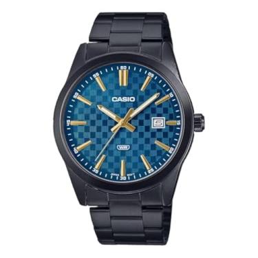 Imagem de Casio MTP-VD03B-2A Relógio analógico masculino padrão preto IP Stanless aço azul mostrador 3 ponteiros, Preto, Elegante