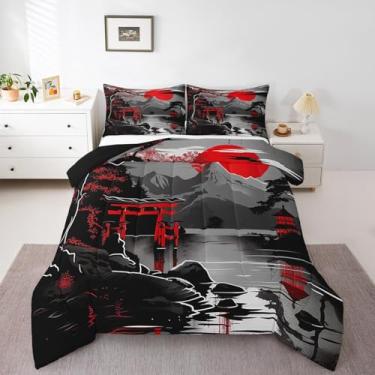 Imagem de jejeloiu Conjunto de edredom estilo japonês, Queen, flores de cerejeira, para meninos e meninas, estampa Fuji Mountain, arte de pôr do sol, edredom e decoração de quarto