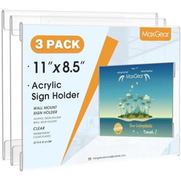 Imagem de MaxGear Suporte de placa de acrílico 21 x 28 cm com fita dupla face, 3 unidades de suporte de parede de plástico transparente para porta, cartaz de documentos, moldura de parede acrílica para