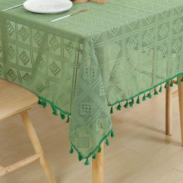 Imagem de Qubjus Toalha de mesa retangular de renda – decoração de casamento vintage resistente a rugas com borlas para chás de panela, recepções e aniversários (verde, 139 x 187 cm)