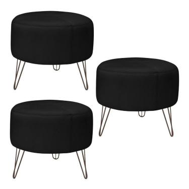 Imagem de Kit 3 Puffs Decorativos Redondo Couro Preto