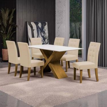 Imagem de Mesa De Jantar Dobuê Dubai Light 160x90 Com 6 Cadeiras Estofadas Carvalho-branco Off White-bege