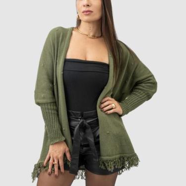 Imagem de Kimono Tricot Pipoca com Franjas Poncho Feminino Inverno Cardigan Aber