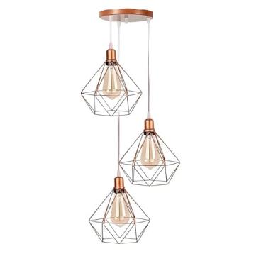 Imagem de Luminária Pendente Diamante Triplo, Rose Gold, Cabo Cristal, Soquete E27, Bivolt, para Teto