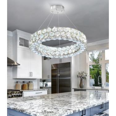 Imagem de dolria Lustre De Cristal Moderno, Anel Para Sala Jantar, Estar, Redondo, Led, Regulável, Luminária Teto, Quarto, Corredor, Hall Entrada, Prata