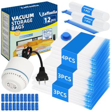 Imagem de Pacote com 12 sacos de armazenamento a vácuo com bomba elétrica (3 grandes, 3 médios, 4 pequenos, 2 sacos de enrolar), bolsa econômica de espaço para roupas, edredons, travesseiros, colchões