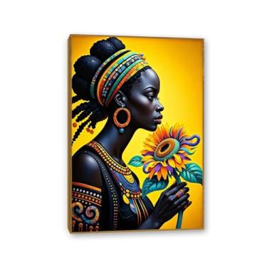 Imagem de Retrato de Mulher Negra Abstrato Colorido Girassol Impressão Arte de Parede Preto e Dourado Quadro de Menina Emoldurada Decoração de Escritório em Casa Quarto 60 x 40 cm Moldura de Teca