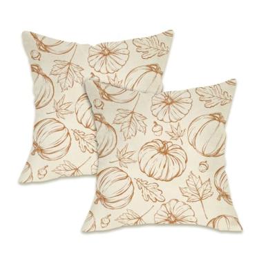 Imagem de Fahrendom Conjunto de 2 capas de almofada decorativas de abóbora de outono 45,7 x 45,7 cm, folhas de bordo de outono bolota varanda pátio ao ar livre, capa de almofada de sofá de ação de graças para