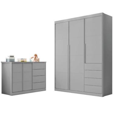 Imagem de Conjunto Infantil Roupeiro e Comoda Perola MDF Cinza Pheonix Baby