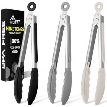 Imagem de Hotec Mini pinças de cozinha de silicone para cozinhar – Pequenas pinças de servir de 17 cm com pontas de silicone, conjunto de 3 (preto, cinza, cáqui)