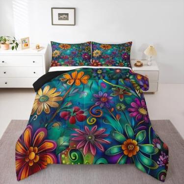 Imagem de Erosebridal Conjunto de cama boêmio dégradé boêmio, étnico, para meninas e mulheres, tribal, arco-íris, laranja, azul-petróleo, edredom leve