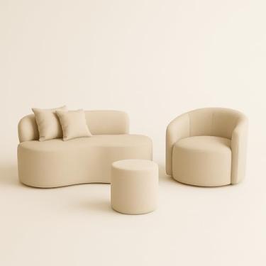 Imagem de Conjunto 01 Poltrona + Sofá e 1 Puff Curvo Orgânico Nature Gaia Boucle Bege - Montanaris Decor