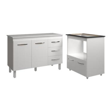 Imagem de Mobília Decor, Balcão Armário Gabinete Bruna 118 cm com Tampo Tampão e Balcão Evelyn para Cooktop 5 Bocas Branco