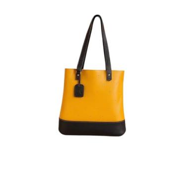 Imagem de Bolsa de Couro Legítimo, Mostarda com Preto, 33,5 x 33 x 6 cm