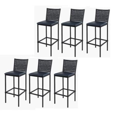 Imagem de Conjunto 6 Banquetas Turquia Alta em Aço com Assento Estofado e Encosto de Junco Preto