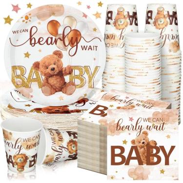 Imagem de Conjunto de utensílios de mesa Hushee Brown Bear Baby Shower 200 unidades