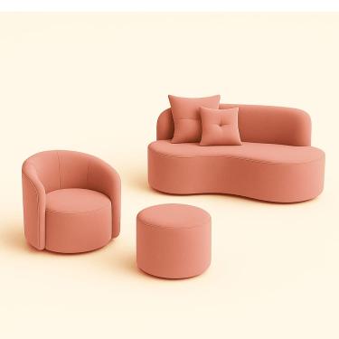 Imagem de Conjunto 01 Poltrona + Sofá  e 1 Puff Curvo Orgânico Nature Gaia Veludo Rosa - Montanaris Decor