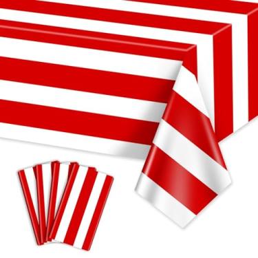 Imagem de PIXHOTUL 4 peças de toalhas de mesa verticais listradas vermelhas e brancas, toalhas de mesa de plástico descartáveis com listras vermelhas para festa temática de carnaval, noite de cinema