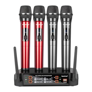 Imagem de Depusheng Microfone sem fio profissional, sistema de karaokê de 4 canais, microfones portáteis para casa, festa, igreja, DJ