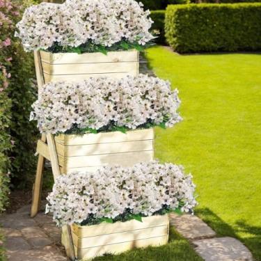 Imagem de PJYHOME 12 peças de flores artificiais resistentes a UV, violeta artificial, decoração ao ar livre, plantas falsas realistas, flores de seda que não desbotam para pátio, cestos pendurados, vasos de