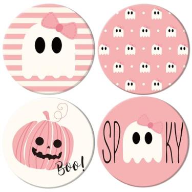 Imagem de Whaline 4 peças de porta-copos de cerâmica de Halloween rosa fantasma abóbora porta-copos copo absorvente tapete para caneca copo casa cozinha festa decoração de mesa