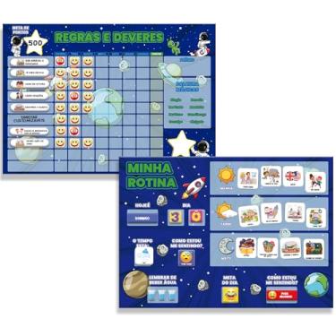 Imagem de Kit Quadro de Rotina Infantil + Quadro de Tarefas Incentivo ao Bom Comportamento Recompensa 30x40 + Caneta + 200 tags para Parede (Astronauta)