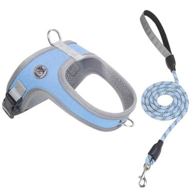 Imagem de Conjunto de coleira e coleira para cães, estilo sela, sem puxar, malha ventilada macia, ajustável, refletora - para cães e gatos médios e pequenos - Peitoral fácil de caminhar com 2 anéis D (azul, M)