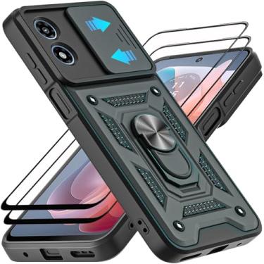 Imagem de AKINIK Capa para Motorola Moto G Play 2024, com protetor de tela de vidro temperado [2 peças] e capa de câmera deslizante, suporte de anel de rotação de 360° [grau militar] capa (verde)