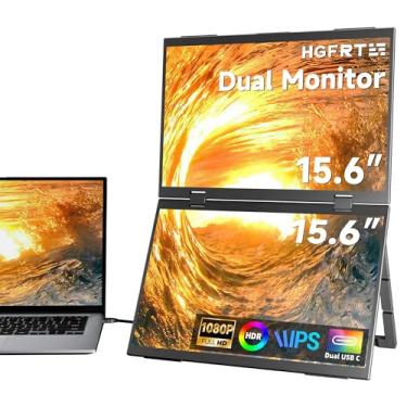 Imagem de HGFRTEE Extensor de tela para laptop de 15,6 polegadas - dois monitores portáteis 1080p IPS FHD empilhados tela tripla dobrável HDMI USB-C viagem extra estendida para laptop, Windows, Mac com suporte