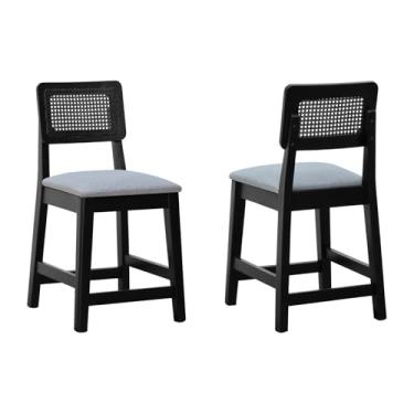 Imagem de Kit 2 Banquetas Baixa/Cadeira Gabi Madeira Maciça Encosto Telinha Assento Estofado - Preto - Assento Estof. Linho Cinza Mescla Impermeável