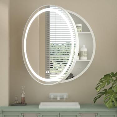 Imagem de Keonjinn Armário de remédios redondo de 76 cm com luzes, espelho de armário de remédios de LED branco para banheiro, círculo, tomada elétrica, 3 luzes coloridas, antiembaçamento, regulável, somente