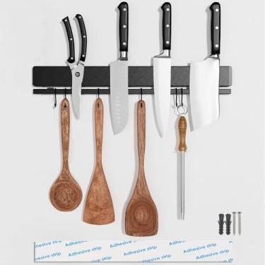 Imagem de HomeSimplex Suporte magnético de 30 cm para parede, fita magnética adesiva sem perfuração com 6 ganchos, tira magnética poderosa para facas, suporte magnético para ferramentas e facas de cozinha