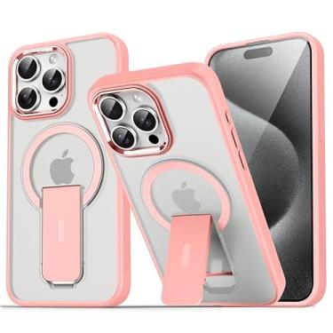 Imagem de Capa magnética translúcida fosca original com suporte para iPhone 15, 14, 13, 12, 11 Pro Max, com suporte para celular e carregador sem fio (para iPhone 15 ProMax/rosa areia)