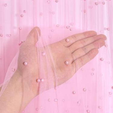 Imagem de Miegecha Tule perolado de tule extra largo de 3 m com pérolas, 152 x 300 cm, tecido transparente macio em várias cores para arco de casamento, festa, chá de bebê, aniversário, véu, vestido e decoração