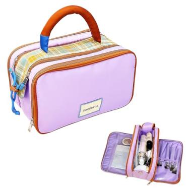 Imagem de Sacos de higiene para maquiagem de grande capacidade - organizador portátil com cor xadrez elegante - bloqueador, ideal para viagens e armazenamento, roxo