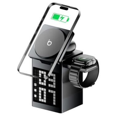 Imagem de Basike Carregador Sem Fio Magnético 3 em 1, Rápido 15W, Compatível com MagSafe, com Alto-falante Bluetooth/Despertador para iPhone 16/15/14/13, Apple Watch 1-8/Ultra, AirPods (Sem Adaptador CA)
