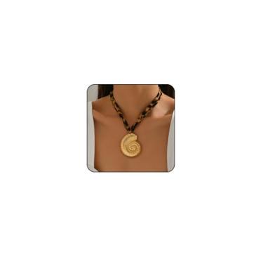 Imagem de Colar de cachecol com pingente de bandana com berloques, laço de coração grosso, círculo, cruz, flor, estrela-do-mar, espiral e pingente de concha, colares dourados de leopardo para mulheres, joias