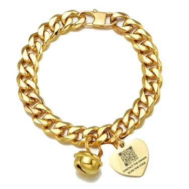 Imagem de Coleira de cachorro de ouro 18K para gatos e filhotes, aço inoxidável, gargantilha, corrente cubana à prova de mastigação, com sino de ouro e etiqueta de coração personalizada com código QR
