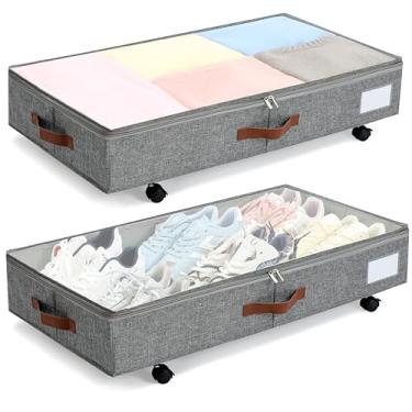 Imagem de KitHreo Armazenamento sob a cama com rodas, pacote com 2 recipientes de armazenamento sob a cama, organizador de rodinhas sob a cama, grande capacidade, fácil montagem, resistente, gavetas sob a cama