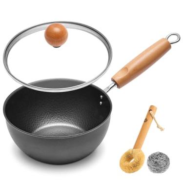 Imagem de WANGYUANJI Panela de ferro fundido martelado de 17 cm com tampa de vidro, cabo removível de madeira de faia, panela pequena para ferver, ferver, aquecer – não revestida, compatível com fogão