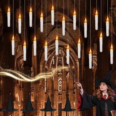 Imagem de 20 peças, decorações de Halloween, velas flutuantes com varinha, velas mágicas de LED sem chamas com 4 chapéus de feiticeiro, aquecedor de velas, artigos de festa, decoração de Natal