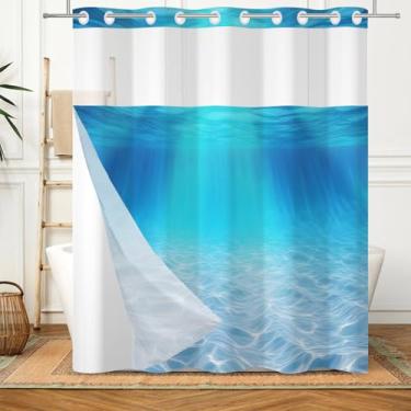Imagem de Baocicco Cortina de chuveiro subaquática sem gancho forro de pressão oceano azul cortina de banho sem gancho para banheiro náutico submarino moderno estilo hotel cortina de chuveiro com janela