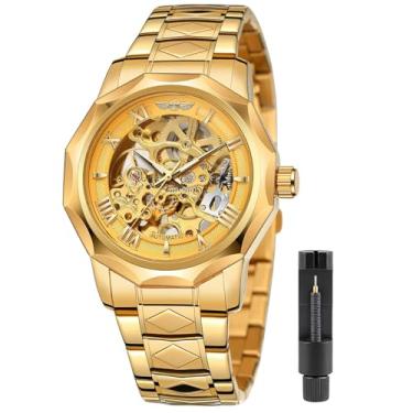 Imagem de Tiong Relógios mecânicos masculinos automáticos com corda automática, todo dourado, transparente, moda, malha, aço, relógio de pulso esqueleto masculino Hot Hour