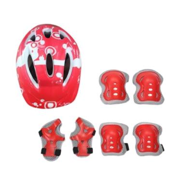 Imagem de harayaa Kit de capacete de bicicleta infantil 7x, joelheiras, cotoveleiras, acessórios de proteção de pulso, chapéu, capacete de patinação para meninos, Vermelho