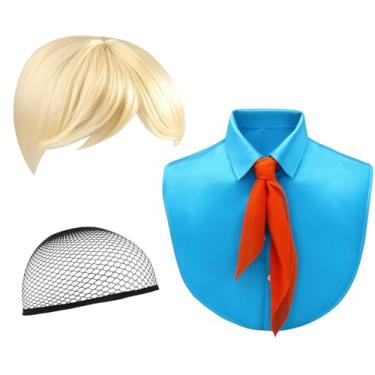 Imagem de Crowye 4 peças de fantasia masculina de cosplay de Halloween, peruca dourada com touca de peruca, lenço quadrado de chiffon laranja e colarinho azul falso para festa