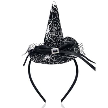 Imagem de Tiara de chapéu de bruxa de Halloween com teia de aranha - Teia de aranha brilhante com laço para mulheres, meninas, festa à fantasia, cosplay, maquiagem, decoração de fantasia, acessórios de cabelo