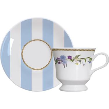 Imagem de Xícara e pires para café em porcelana, modelo Capri, Floral Chic, 80 ml, Germer, Branco com detalhes azul e dourado