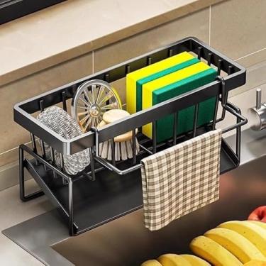 Imagem de Suporte Organizador de Esponja para Pia – Aço Carbono com Bandeja e Porta-Pano, Preto, Antiferrugem, Sem Furo, Cozinha (Preto)