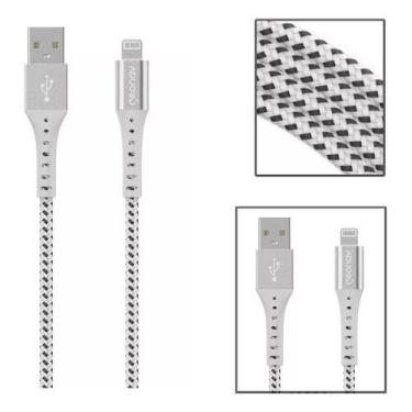 Imagem de Cabo Lightning Usb Nylon 1,2m Trancado Resiste Alum - GeoNav, Branco