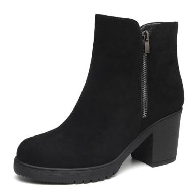 Imagem de TYNDALL Botas femininas de salto baixo plataforma salto grosso botas de cano curto para mulheres, Preto/Camurça, 37